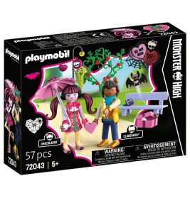 Playmobil Monster High Set mit Draculaura und Clawd Wolf Figuren sowie Bank, Baum und Zubehör in der Verpackung.