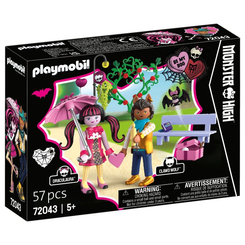 Playmobil Monster High Set mit Draculaura und Clawd Wolf Figuren sowie Bank, Baum und Zubehör in der Verpackung.