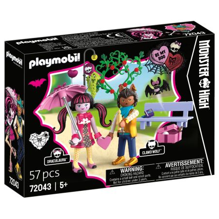 Playmobil Monster High Set mit Draculaura und Clawd Wolf Figuren sowie Bank, Baum und Zubehör in der Verpackung.