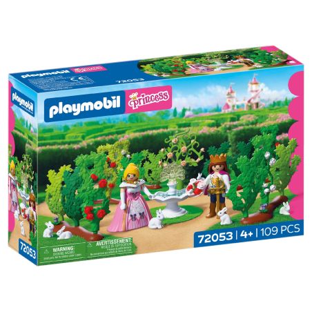 Playmobil Princess Garten-Spielset mit zwei Figuren, weißen Kaninchen und 109 Teilen, geeignet ab 4 Jahren.