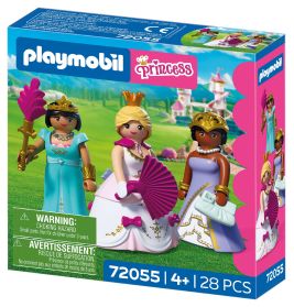 Playmobil Princess-Set mit drei Prinzessinnen in königlichen Kleidern, Kronen und Zubehör auf der Verpackung.