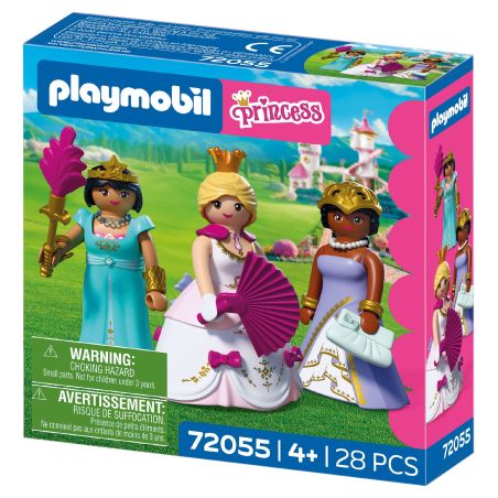 Playmobil Princess-Set mit drei Prinzessinnen in königlichen Kleidern, Kronen und Zubehör auf der Verpackung.