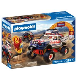 Playmobil-Set mit 73 Teilen: Ein Renngeländewagen fährt durch eine brennende Ziellinie auf der Verpackung.