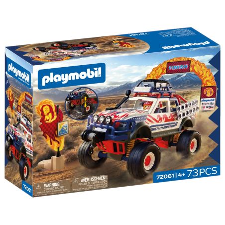 Playmobil-Set mit 73 Teilen: Ein Renngeländewagen fährt durch eine brennende Ziellinie auf der Verpackung.
