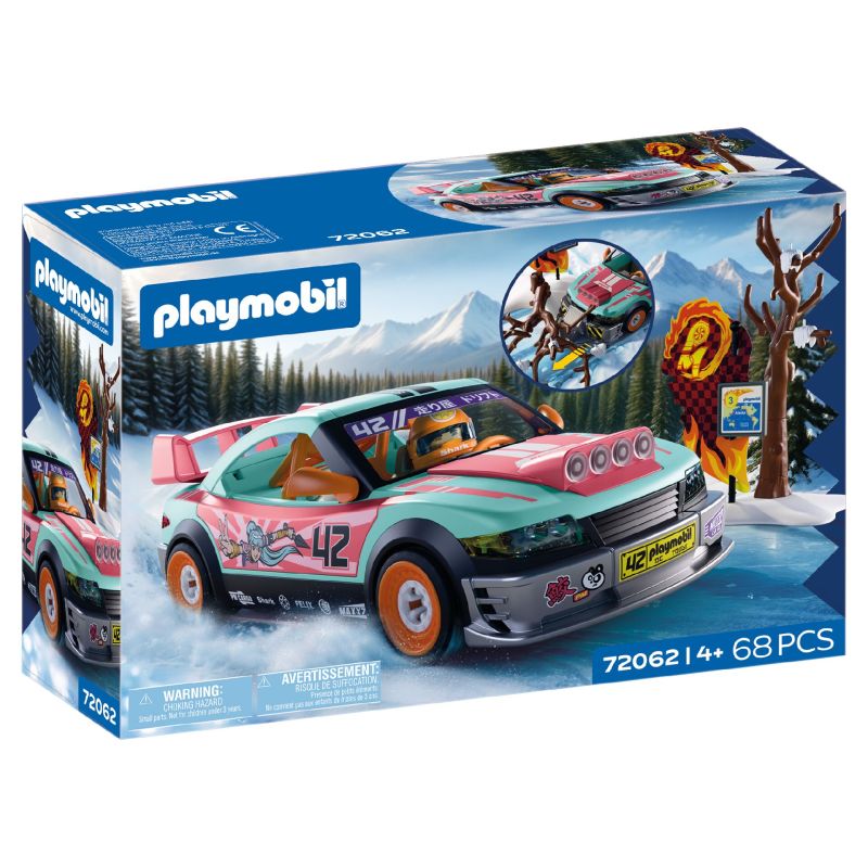 Playmobil Rallyeauto-Set, 68 Teile, ab 4 Jahren, in Verpackung mit verschneiter Berglandschaft.