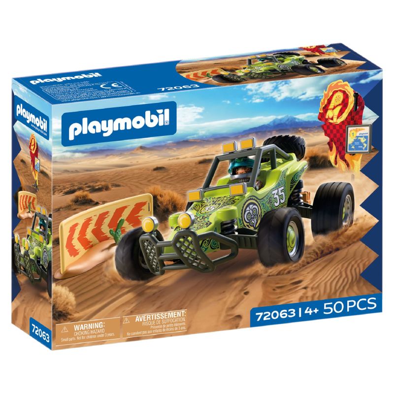 Playmobil Wüstenbuggy-Set, 50 Teile, ab 4 Jahren, auf der Verpackung beim Rennen im Sand dargestellt.