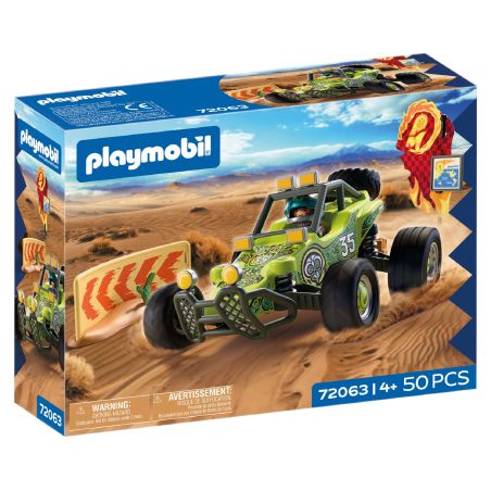Playmobil Wüstenbuggy-Set, 50 Teile, ab 4 Jahren, auf der Verpackung beim Rennen im Sand dargestellt.
