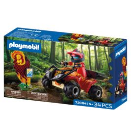 Playmobil-Set mit ATV-Fahrer und Flammenfigur im Wald, 34 Teile, geeignet für Kinder ab 4 Jahren.