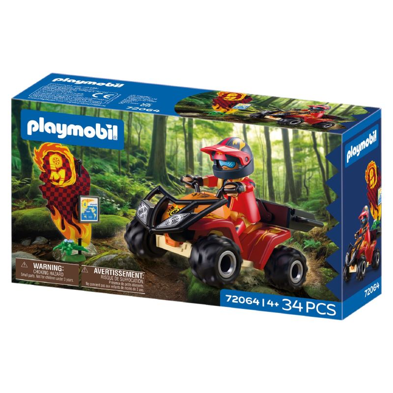Playmobil-Set mit ATV-Fahrer und Flammenfigur im Wald, 34 Teile, geeignet für Kinder ab 4 Jahren.