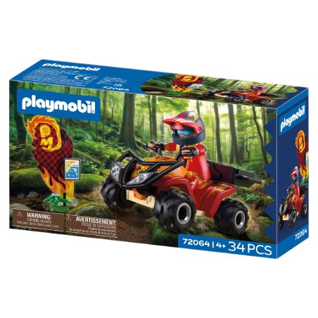 Playmobil-Set mit ATV-Fahrer und Flammenfigur im Wald, 34 Teile, geeignet für Kinder ab 4 Jahren.