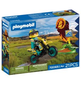 Playmobil-Set mit Motocross-Fahrer, Motorrad und Flammenhindernis 21 Teile, geeignet ab 4 Jahren.