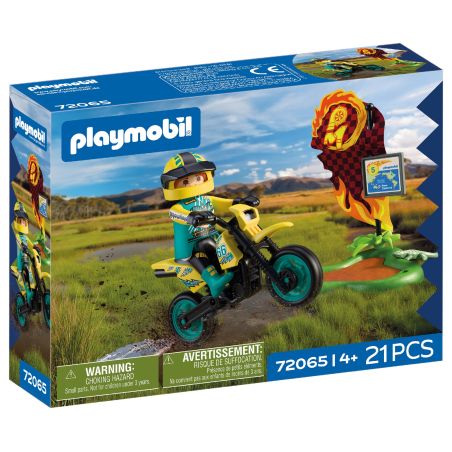 Playmobil-Set mit Motocross-Fahrer, Motorrad und Flammenhindernis 21 Teile, geeignet ab 4 Jahren.