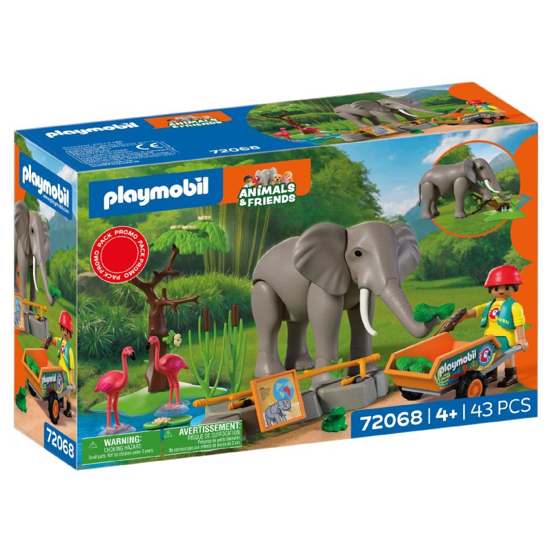 Playmobil Tiere & Freunde Set: Elefant, zwei Flamingos, eine Figur und ein Wagen in einer Dschungelszene.