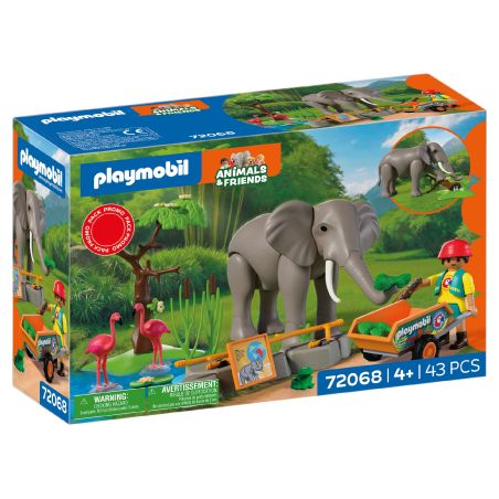 Playmobil Tiere & Freunde Set: Elefant, zwei Flamingos, eine Figur und ein Wagen in einer Dschungelszene.