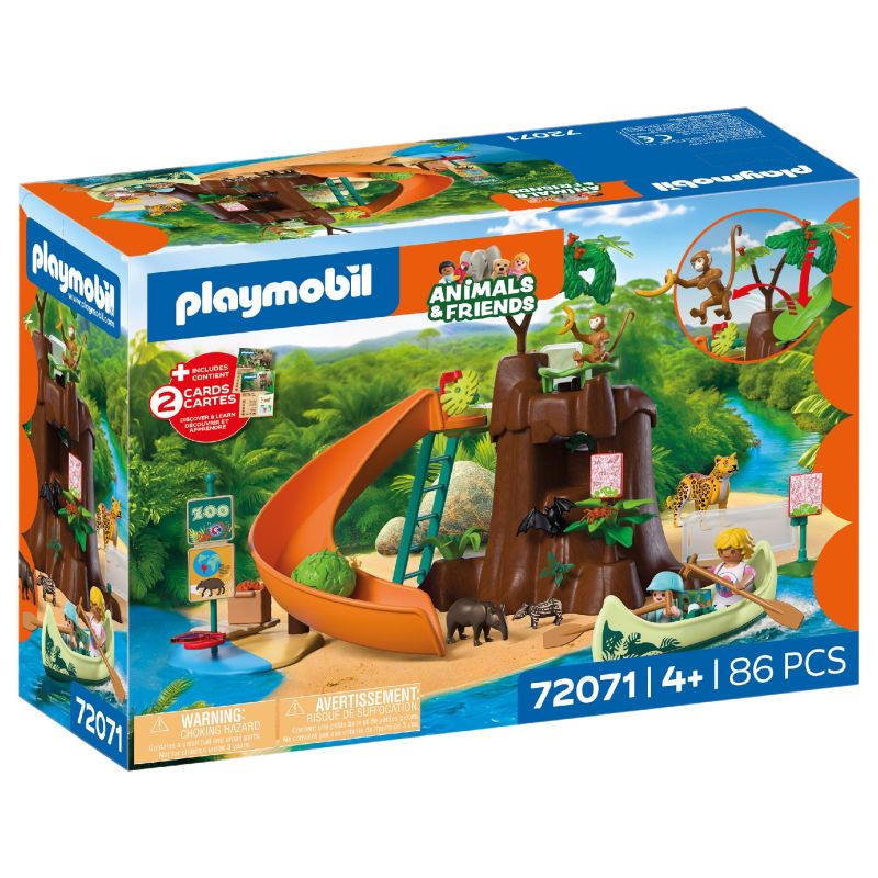 Playmobil-Dschungelspielset mit Rutsche, Kanu, Tieren und zwei Figuren 86 Teile, ab 4 Jahren.