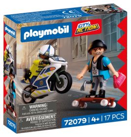 Playmobil City Action Set: Polizist auf Motorrad verfolgt Skateboarder, geeignet für Kinder ab 4 Jahren.
