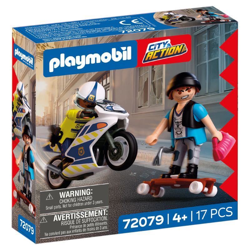 Playmobil City Action Set: Polizist auf Motorrad verfolgt Skateboarder, geeignet für Kinder ab 4 Jahren.