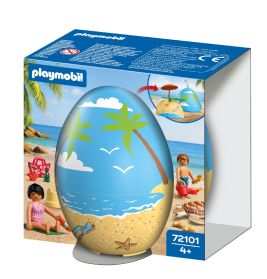 Playmobil-Strandspielset in ei-förmiger blauer Box mit Palmen- und Sandmotiv.