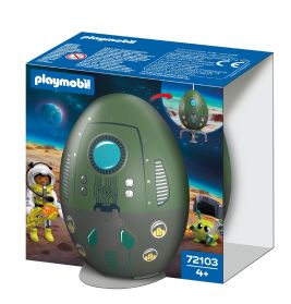 Playmobil-Set mit grüner Raumkapsel, Astronaut und Alien auf einer planetaren Oberfläche.