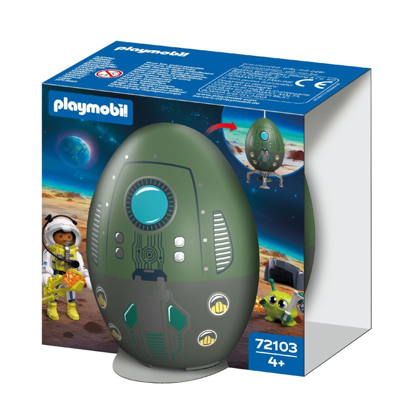 Playmobil-Set mit grüner Raumkapsel, Astronaut und Alien auf einer planetaren Oberfläche.