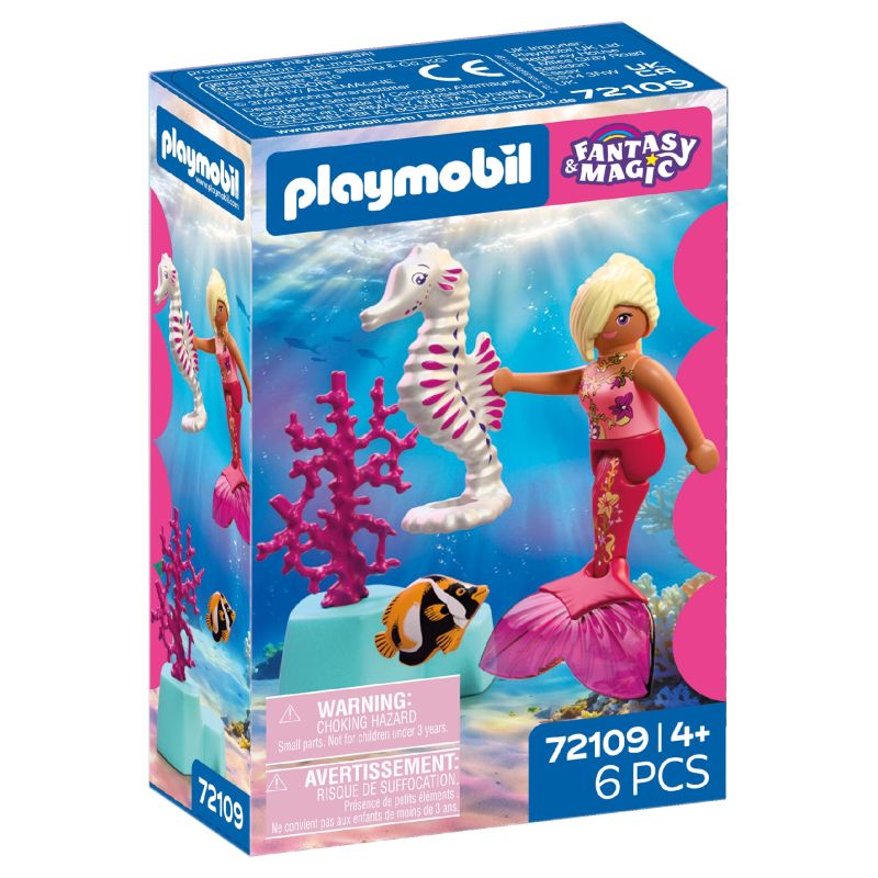 Playmobil Fantasy & Magic Meerjungfrauset mit Seepferdchen, Fisch und Koralle in bunter Schachtel, ab 4 Jahren.