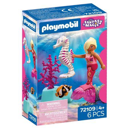 Playmobil Fantasy & Magic Meerjungfrauset mit Seepferdchen, Fisch und Koralle in bunter Schachtel, ab 4 Jahren.