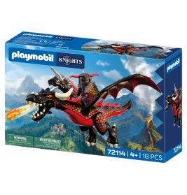 Playmobil-Ritter-Set: Ein Ritter reitet auf einem feuerspeienden Drachen über eine Berglandschaft.