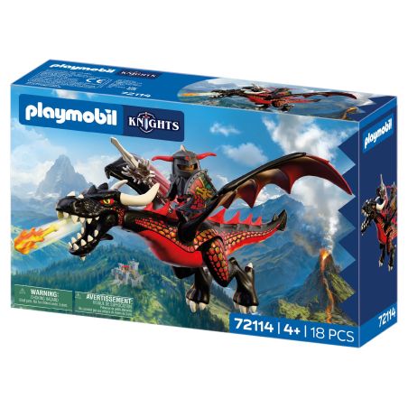 Playmobil-Ritter-Set: Ein Ritter reitet auf einem feuerspeienden Drachen über eine Berglandschaft.