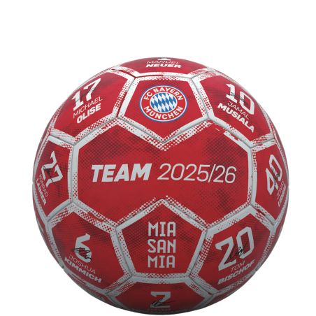 Roter FC Bayern München Fußball mit Spielernamen, Nummern und dem Aufdruck TEAM 2025/26.