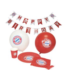 FC-Bayern-Geburtstagsdeko mit Luftballons, Bannern, Teller, Becher und Serviette.