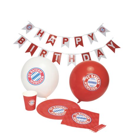 FC-Bayern-Geburtstagsdeko mit Luftballons, Bannern, Teller, Becher und Serviette.