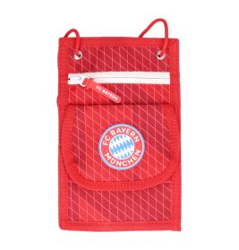Rote FC Bayern München Umhängetasche mit Frontklappe, Reißverschlussfach und Vereinslogo auf der Vorderseite.