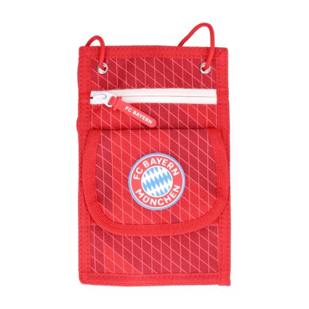 Rote FC Bayern München Umhängetasche mit Frontklappe, Reißverschlussfach und Vereinslogo auf der Vorderseite.
