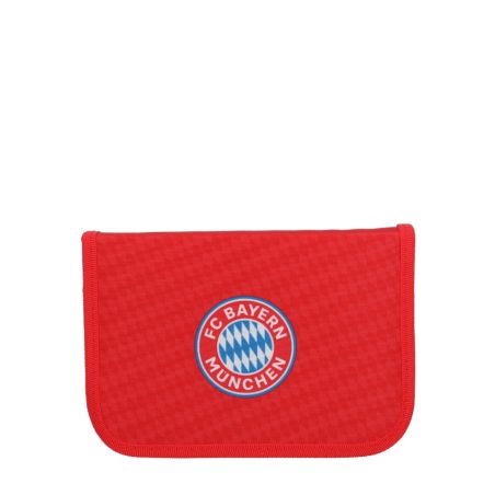 Rote Geldbörse mit FC Bayern München Logo in der Mitte, vor weißem Hintergrund dargestellt.