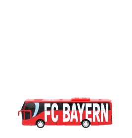 Roter Spielzeugbus mit großem, weißen FC BAYERN-Schriftzug an der Seite.