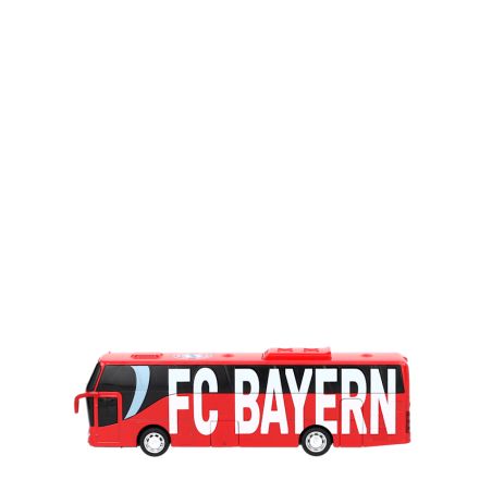 Roter Spielzeugbus mit großem, weißen FC BAYERN-Schriftzug an der Seite.