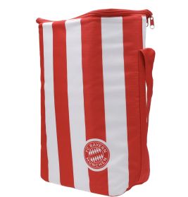 Rot-weiß gestreifte FC Bayern München Tasche mit Reißverschluss und seitlichem Griff.