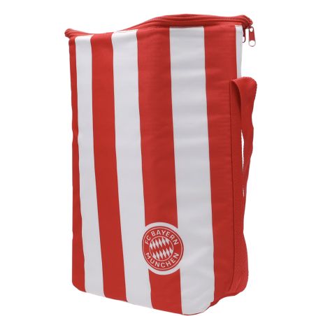 Rot-weiß gestreifte FC Bayern München Tasche mit Reißverschluss und seitlichem Griff.