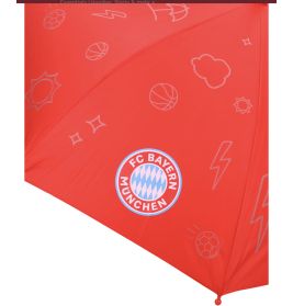 Roter Regenschirm mit FC Bayern München Logo und Sport-Motiven wie Bällen, Wolken, Sonne und Blitzen.
