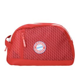 Rotes Etui mit Reißverschluss, FC Bayern München Logo und diagonalen weißen Linien auf der Vorderseite.
