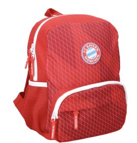 Roter FC Bayern München Rucksack mit weißen Reißverschlüssen, Logo und geometrischem Muster.