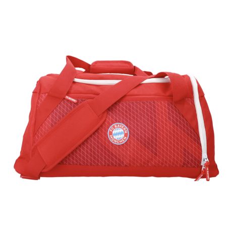 Rote Sporttasche mit FC Bayern München Logo, weißen Reißverschlüssen und verstellbarem Schultergurt.