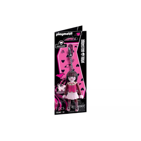 Playmobil-Figur Draculaura aus Monster High in rosa-schwarzer Verpackung mit Herz- und Fledermausmotiven.