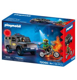 Playmobil-Set 72066: Box mit Polizeiwagen und Feuerwehrmann auf Motorrad.