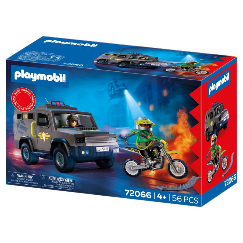 Playmobil-Set 72066: Box mit Polizeiwagen und Feuerwehrmann auf Motorrad.