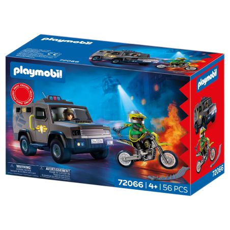 Playmobil-Set 72066: Box mit Polizeiwagen und Feuerwehrmann auf Motorrad.