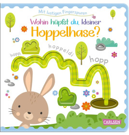 Illustration: Süßes Kaninchen auf grünem Weg mit Bäumen und Blumen, dazu deutscher Text über ein kleines Kaninchen.