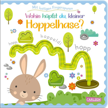 Illustration: Süßes Kaninchen auf grünem Weg mit Bäumen und Blumen, dazu deutscher Text über ein kleines Kaninchen.