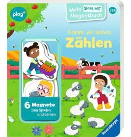 Kinder-Zählbuch mit Magneten, Schafen, Kindern und Gemüse auf farbenfrohem Bauernhof-Cover.