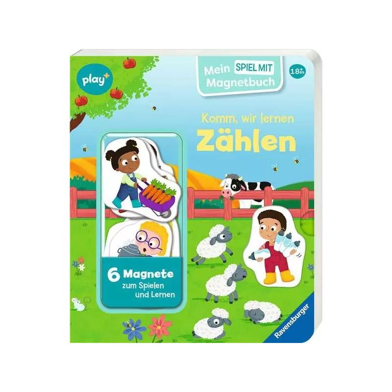 Kinder-Zählbuch mit Magneten, Schafen, Kindern und Gemüse auf farbenfrohem Bauernhof-Cover.